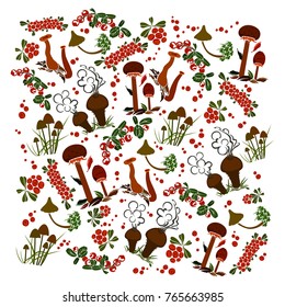 Vector flat illustration of colorful mushrooms and berries on white background. Elements for design.
