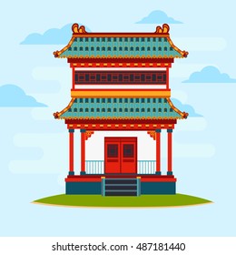 Vector flat illustration. Colorful oriental building. Asian architecture.
