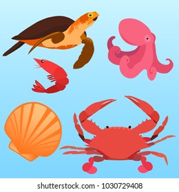 Vector flat illustration of colorful seafood on blue background. Element for design. Cartoon.