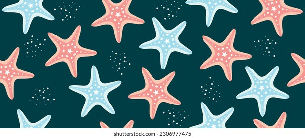 Vector flat illustration. Colorful seamless wallpaper pattern with starfish in blue and pink colors on a dark blue background. Ideal as a cover, gift wrap, textile design and more.