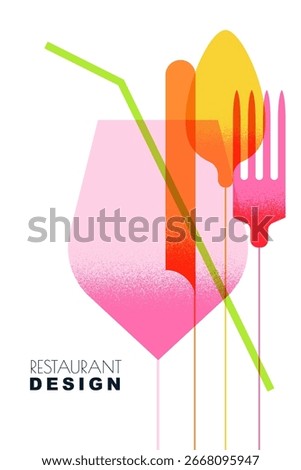 Vector flat illustration of colorful transparent wine glass, fork, knife, spoon. Modern minimalistic dining and restaurant design elements for bar or cafe menu, poster, flyer, culinary theme banner