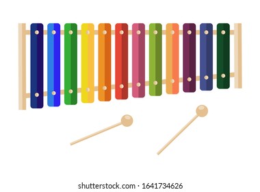 vector flat Illustration of colorful xylophone with drumstick isolated on white backdrop. Children's Toy musical instrument. Percussion instrument symbol drum. acoustic noise rhythm, rainbow keyboard