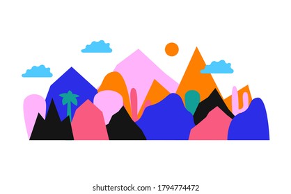 Ilustración vectorial plana con coloridas montañas, árboles tropicales y clanes. Paisaje lindo para carteles, paquetes de comida, afiches.
