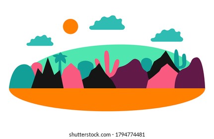 Vector flat illustration with colorfull mountains, tropic trees and clounds. Cute lanscape design for banners, food package, poster.