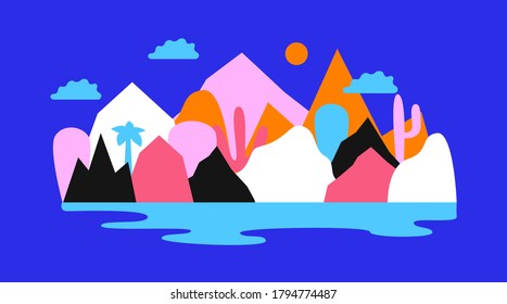 Vector flat illustration with colorfull mountains, tropic trees and clounds on blue background. Cute lanscape design for banners, food package, poster.