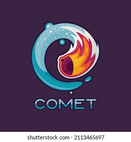 Vector flat illustration of the comet logo flying in a spiral. A vivid illustration of the flight of a meteorite. Logo, emblem or sticker design template.