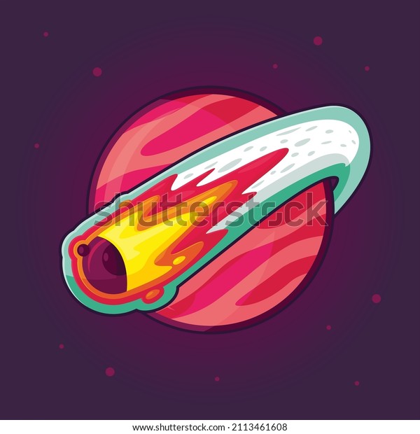 Vector flat illustration of a comet with a tail\
around the planet. A meteorite flies past the planet against the\
background of space and stars. Bright vector illustration, sticker\
or logo design.