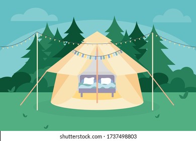 Vector flat illustration of comfortable camping tent. Concept of vacation in forest in decorated glamping. Holiday experience of living in nature.