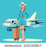 Vector flat illustration of a commercial airline stewardess with an airplane in the background. Baggage. Flat design, vector cartoon. Vintage retro