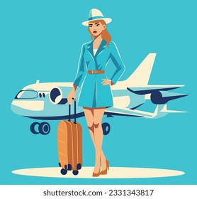 Vector flat illustration of a commercial airline stewardess with an airplane in the background. Baggage. Flat design, vector cartoon. Vintage retro