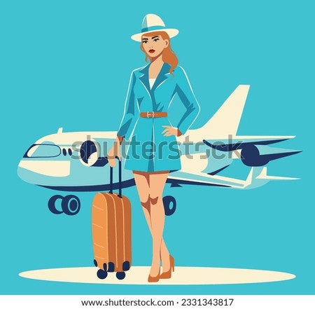 Vector flat illustration of a commercial airline stewardess with an airplane in the background. Baggage. Flat design, vector cartoon. Vintage retro