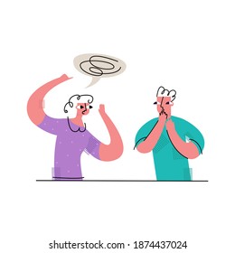 Vector flat illustration communication, gossip, friends. One whispers something in other s ear. Concept information exchange, misinformation, secrets, public news.