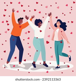 Ilustración vectorial plana, una compañía de jóvenes de diferentes nacionalidades divirtiéndose junto con corazones confetti, fiesta festiva para el Día de San Valentín.
