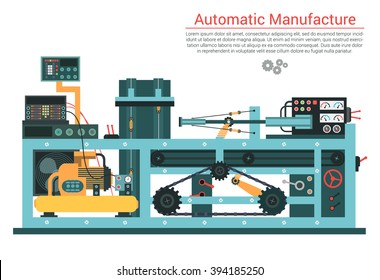 Vector flat illustration of complex engineering machine with pump, pipe, cable, cog wheel, transformation, rotating details. Industrial mechanical revolution of manufacturing equipment