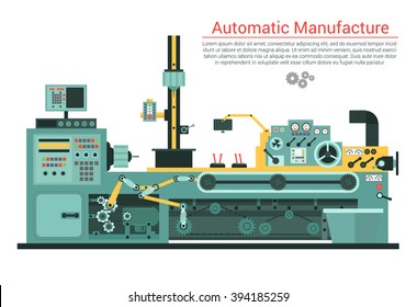 Vector flat illustration of complex engineering machine with pump, pipe, cable, cog wheel, transformation, rotating details. Industrial mechanical revolution of manufacturing equipment