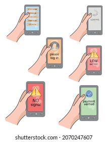 Vector flat illustration components, ready to print: mobile phone set - notifications, no signal, loading, log in, low battery, payment verified