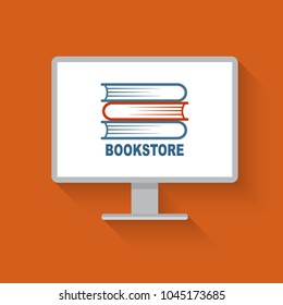 Vector flat illustration with computer monitor. Online bookstore