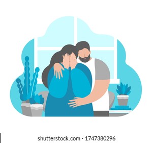 Vector flat illustration concept about mental health in family, importance to support partner in depression and stress. Mood swings of pregnant girls. Husband hugs crying and upset wife