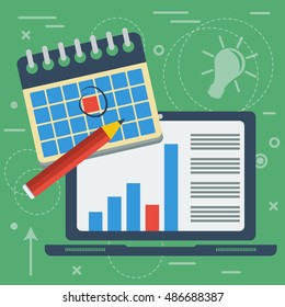 Vector flat illustration concept of agenda with spiral calendar marked by pencil. Computer on background with line elements
