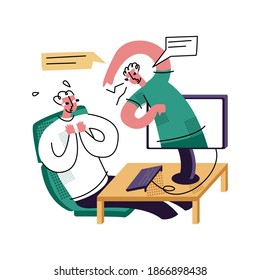 Vector flat illustration with concept of bullying, aggression, anger in comments, social networks, online. It shows crying man and abstract man who threatens, insults from computer.