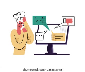 Vector flat illustration with concept bullying, aggression, anger in comments, social networks, online. Image shows woman who is scared and worried about bad, aggressive responses comments in form of