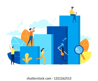 Vector flat illustration, concept of business motivation and ambition, business team overcomes obstacles and achieves success