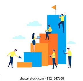 Vector flat illustration, concept of business motivation and ambition, business team overcomes obstacles and achieves success