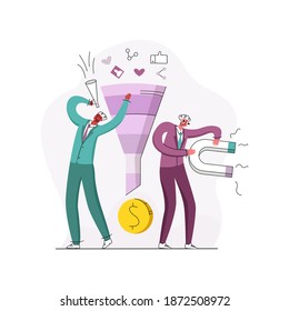 Vector flat illustration with concept of CRO, conversion rate optimization, marketing, business, promotion, sales. Sales funnel is depicted, managers with microphone, magnet attract customers.