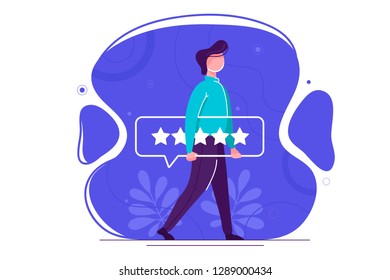 Vector flat illustration concept design with online review theme. Man giving a five star rating, positive feedback. Landscape, dog in modern style. Landing page, mobile app, UI, UX, site.