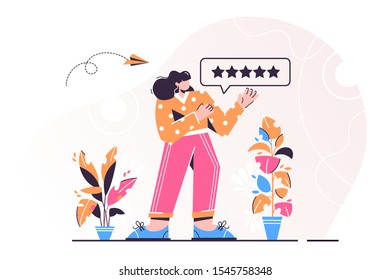 Vector flat illustration concept design with online review theme. Man giving a five star rating, positive feedback. Landscape, dog in modern style. Landing page, mobile app, UI, UX, site.