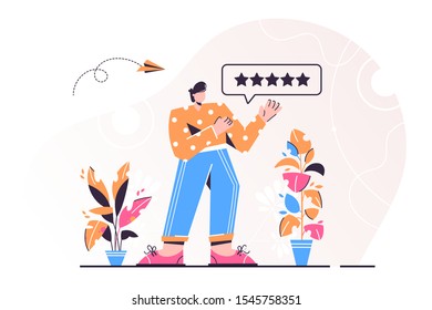 Vector flat illustration concept design with online review theme. Man giving a five star rating, positive feedback. Landscape, dog in modern style. Landing page, mobile app, UI, UX, site.