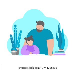 Vector flat illustration concept. Father and smart daughter learn to write and read words in exercise book. Homeschooling in quarantine period, making homework with parent's help. White background