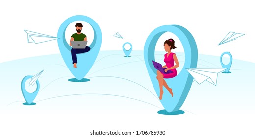 Vector flat illustration concept of global outsourcing, company remote management, distributed team, freelance job. Distance learning or working around the world.
