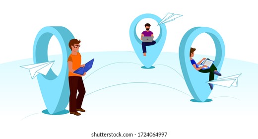 Vector flat illustration concept of global outsourcing, company remote management, distributed team, freelance job. Distance learning or working around the world.