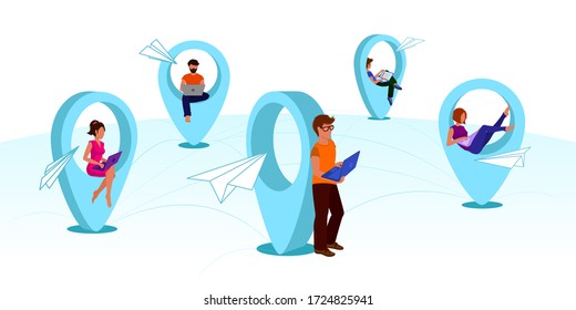 Vector flat illustration concept of global outsourcing, company remote management, distributed team, freelance job. Distance learning or working around the world.