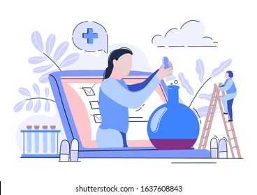 Vector Flat illustration. Concept of medical diagnostic,analiz.Little people.Doctor with tube and blood. Medicines.Healthcare.Medical glass test tube,flask in doctor hand,drop of blood,magnifier,text.