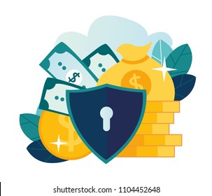 Vector flat illustration, concept of money protection, financial saving insurance, safe business economy vector