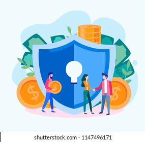 Vector flat illustration concept of money protection for web page, banner, presentation, social media, documents, cards, posters.  safe business economy, financial saving insurance.