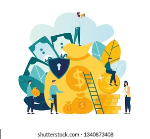 Vector flat illustration, concept of money protection, financial saving insurance, safe business economy