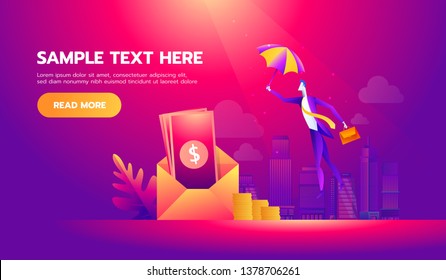 Vector flat illustration, concept of money protection, financial saving, safe business economy.