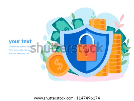 Vector flat illustration concept of money protection for web page, banner, presentation, social media, documents, cards, posters.  safe business economy, financial saving insurance.