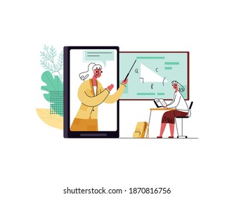 Vector flat illustration concept online, distance learning at home for student. Enlarged abstract gadget that broadcasts video teacher leading lesson is shown. Student sits at table conducts dialogue