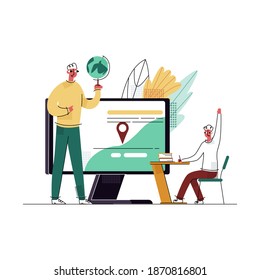 Vector flat illustration concept online, distance learning at home for children. Enlarged abstract gadget that broadcasts video teacher leading lesson is shown. Student sits at table conducts dialogue