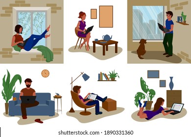 Vector flat illustration concept of outsourcing, remote job, distributed team, freelance. Distance learning or working around the world.
