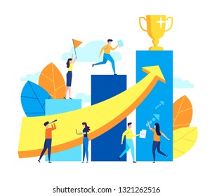 Vector flat illustration, concept of people run to their goal on the column of columns, move up motivation, the path to the target's achievement