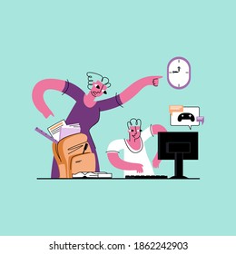 Vector flat illustration with concept of procrastination, laziness, procrastination, dependence on gadgets, gambling. Distraught mother is pictured forcing her son to do his school homework.