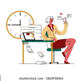 Vector flat illustration concept of procrastination, dependence on gadgets, devices, laziness. Image shows woman distracted from work by correspondence on mobile phone, social networks.