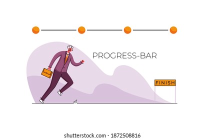 Vector flat illustration with concept of progress bar. Line template points for evaluating progress is shown. Character running to finish line is shown below. Metaphor.