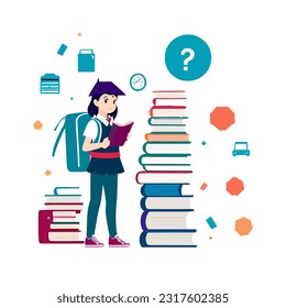 vector flat illustration concept student teacher back to school, back to study and teaching, pile of books bags