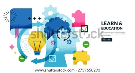 Vector flat illustration. Concept with stylized human head profile, book, brain symbol, arrows, puzzle and glowing lamp. Visual metaphor of education and learning, intelligence, creative thinking